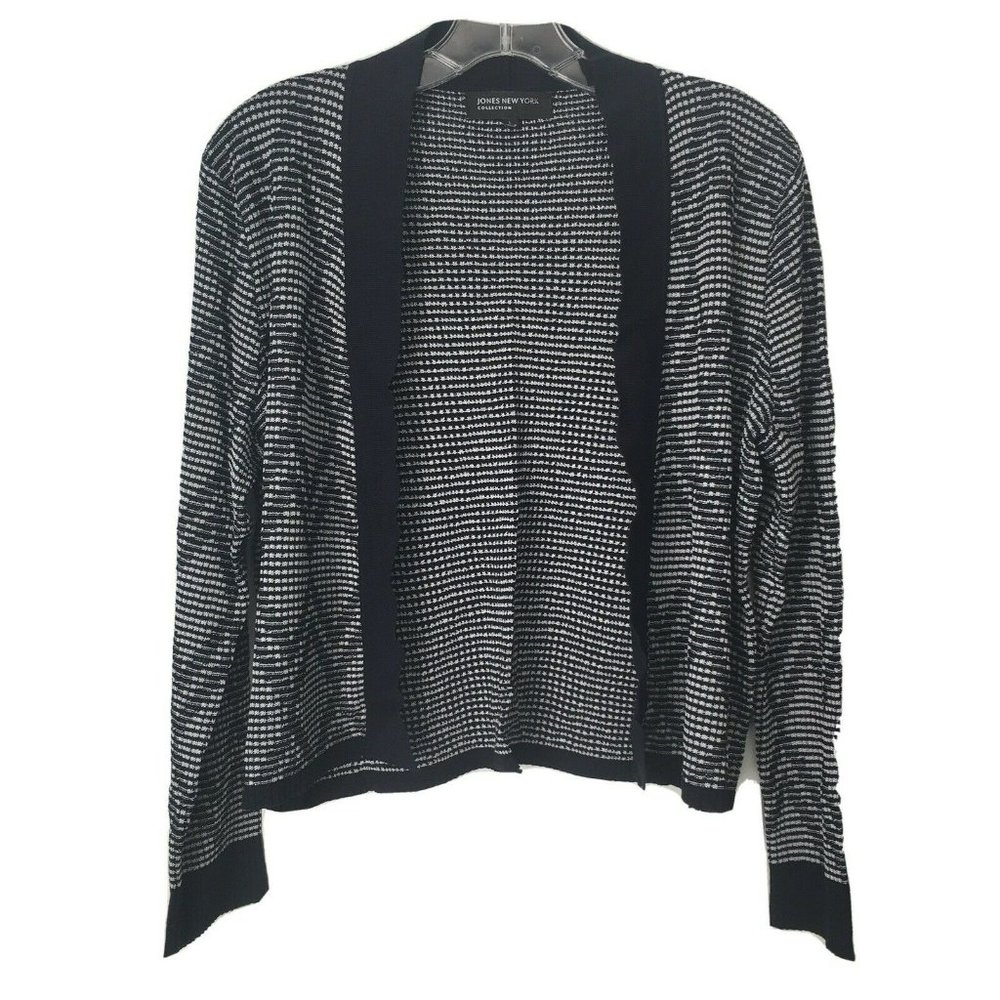 Jones New York Collection Cardigan Woman Size L Open Front Navy White
